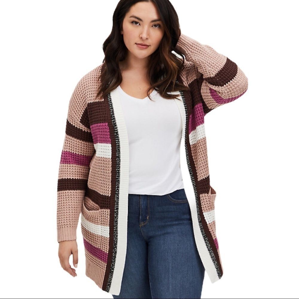 Striped Long Sleeve Open Front Pockets Longline Cardigan Sweater NWT